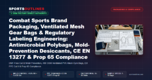 Combat Sports Brand Packaging, Ventilated Mesh Gear Bags & Regulatory Labeling Engineering: Antimicrobial Polybags, Mold-Prevention Desiccants, CE EN 13277 & Prop 65 Compliance - Sports Outlines Sialkot Manufacturer
