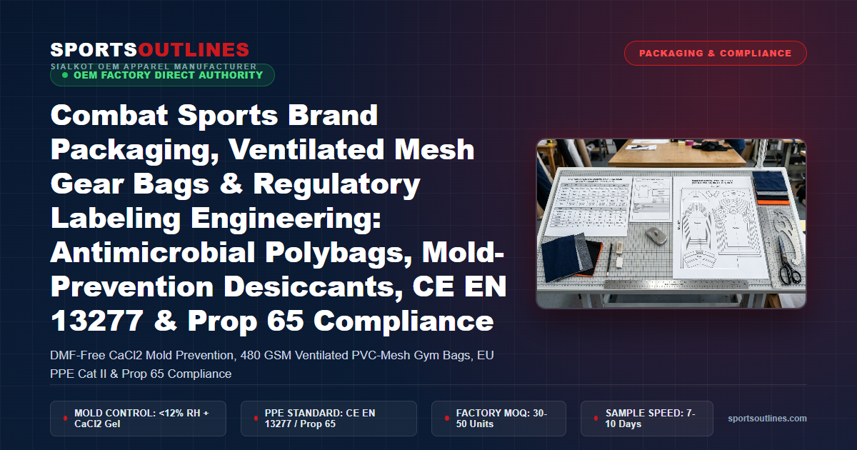 Combat Sports Brand Packaging, Ventilated Mesh Gear Bags & Regulatory Labeling Engineering: Antimicrobial Polybags, Mold-Prevention Desiccants, CE EN 13277 & Prop 65 Compliance - Sports Outlines Sialkot Manufacturer