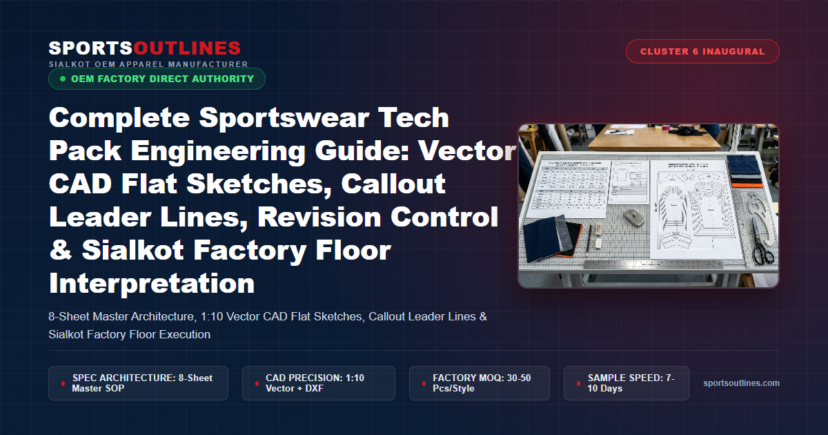 Complete Sportswear Tech Pack Engineering Guide: Vector CAD Flat Sketches, Callout Leader Lines, Revision Control & Sialkot Factory Floor Interpretation - Sports Outlines Sialkot Manufacturer