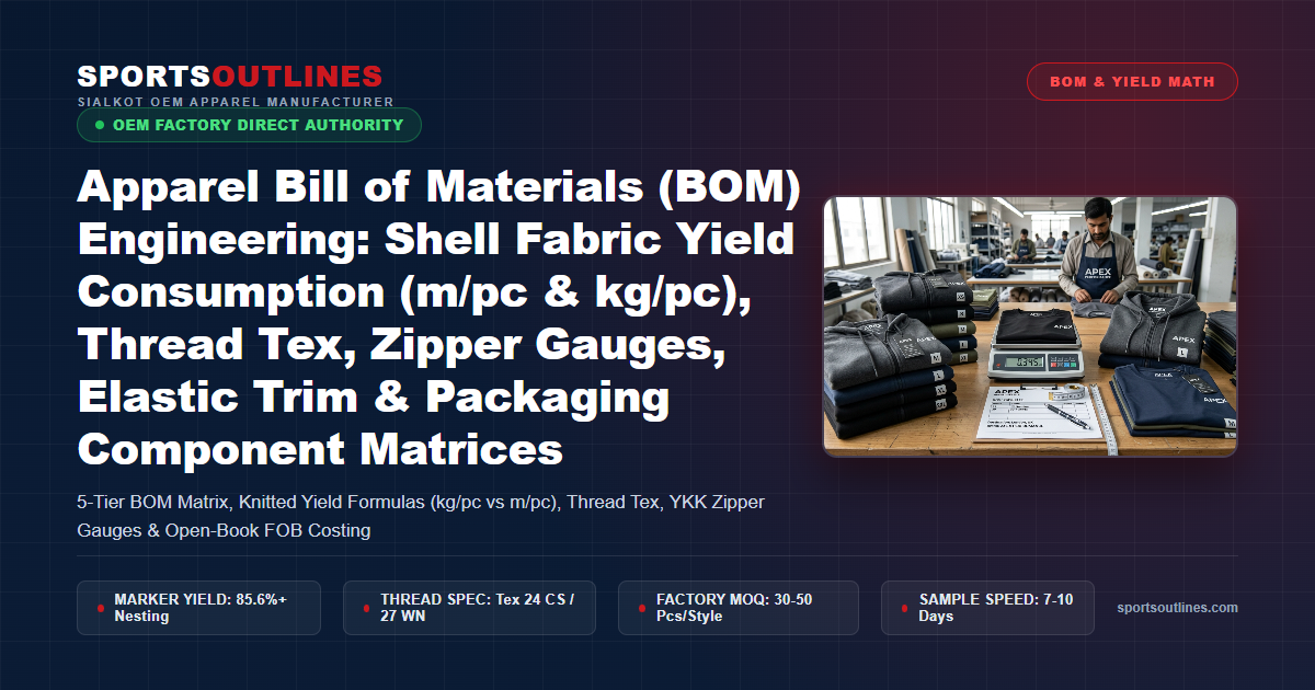 Apparel Bill of Materials (BOM) Engineering: Shell Fabric Yield Consumption (m/pc & kg/pc), Thread Tex, Zipper Gauges, Elastic Trim & Packaging Component Matrices - Sports Outlines Sialkot Manufacturer