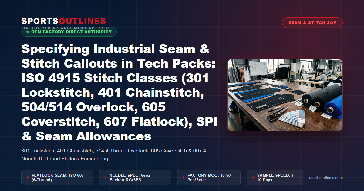 Specifying Industrial Seam & Stitch Callouts in Tech Packs: ISO 4915 Stitch Classes (301 Lockstitch, 401 Chainstitch, 504/514 Overlock, 605 Coverstitch, 607 Flatlock), SPI & Seam Allowances - Sports Outlines Sialkot Manufacturer