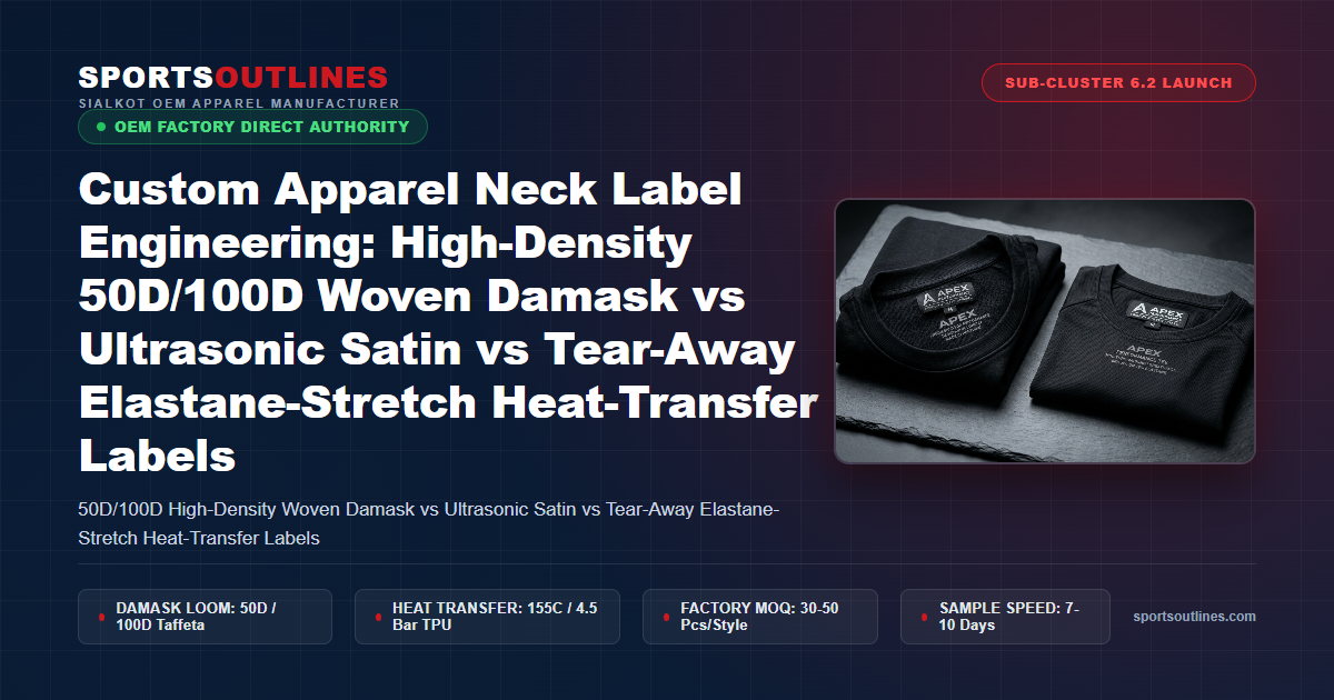 Custom Apparel Neck Label Engineering: High-Density 50D/100D Woven Damask vs Ultrasonic Satin vs Tear-Away Elastane-Stretch Heat-Transfer Labels - Sports Outlines Sialkot Manufacturer