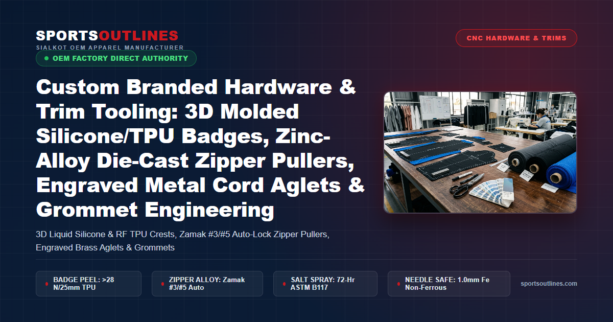 Custom Branded Hardware & Trim Tooling: 3D Molded Silicone/TPU Badges, Zinc-Alloy Die-Cast Zipper Pullers, Engraved Metal Cord Aglets & Grommet Engineering - Sports Outlines Sialkot Manufacturer
