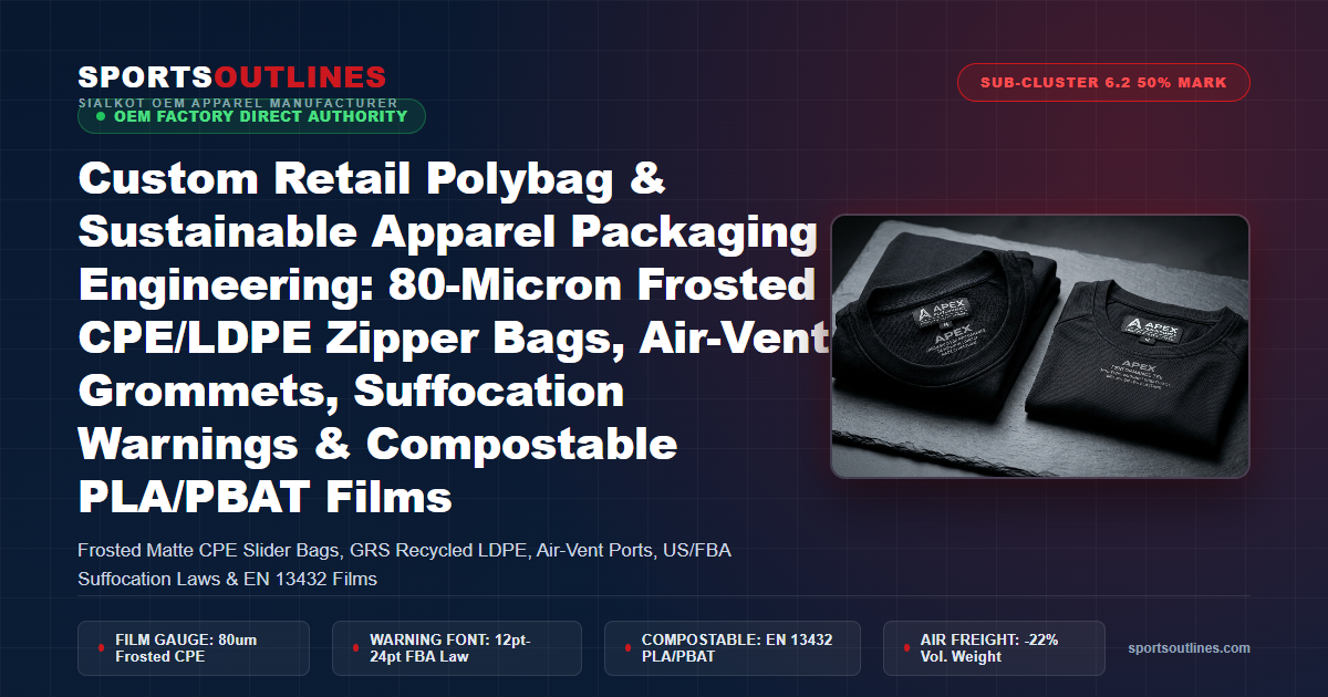 Custom Retail Polybag & Sustainable Apparel Packaging Engineering: 80-Micron Frosted CPE/LDPE Zipper Bags, Air-Vent Grommets, Suffocation Warnings & Compostable PLA/PBAT Films - Sports Outlines Sialkot Manufacturer