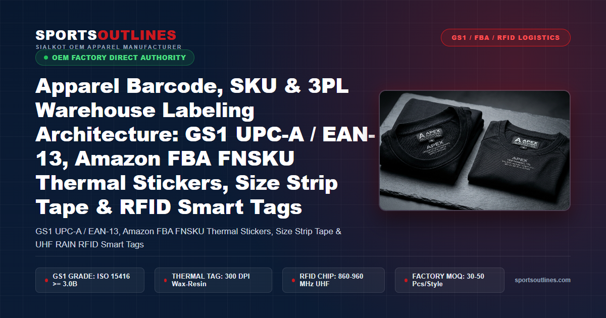 Apparel Barcode, SKU & 3PL Warehouse Labeling Architecture: GS1 UPC-A / EAN-13, Amazon FBA FNSKU Thermal Stickers, Size Strip Tape & RFID Smart Tags - Sports Outlines Sialkot Manufacturer