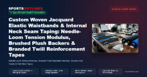Custom Woven Jacquard Elastic Waistbands & Internal Neck Seam Taping: Needle-Loom Tension Modulus, Brushed Plush Backers & Branded Twill Reinforcement Tapes - Sports Outlines Sialkot Manufacturer