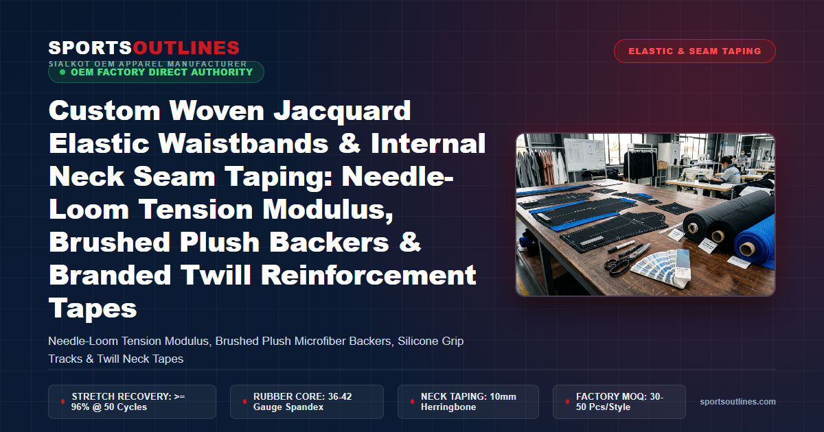 Custom Woven Jacquard Elastic Waistbands & Internal Neck Seam Taping: Needle-Loom Tension Modulus, Brushed Plush Backers & Branded Twill Reinforcement Tapes - Sports Outlines Sialkot Manufacturer