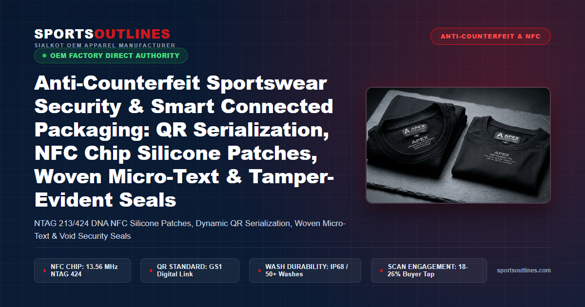 Anti-Counterfeit Sportswear Security & Smart Connected Packaging: QR Serialization, NFC Chip Silicone Patches, Woven Micro-Text & Tamper-Evident Seals - Sports Outlines Sialkot Manufacturer