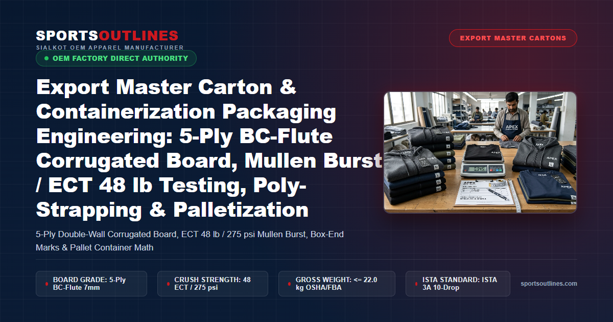 Export Master Carton & Containerization Packaging Engineering: 5-Ply BC-Flute Corrugated Board, Mullen Burst / ECT 48 lb Testing, Poly-Strapping & Palletization - Sports Outlines Sialkot Manufacturer