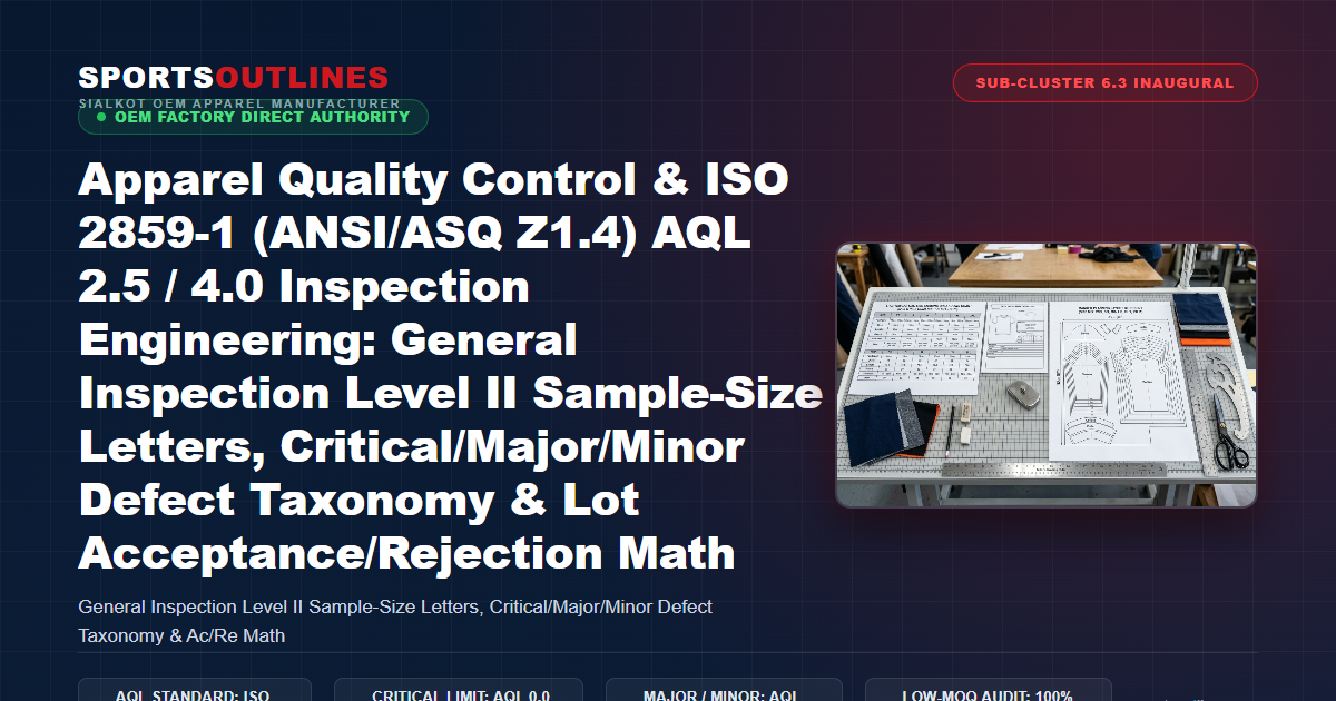 Apparel Quality Control & ISO 2859-1 (ANSI/ASQ Z1.4) AQL 2.5 / 4.0 Inspection Engineering: General Inspection Level II Sample-Size Letters, Critical/Major/Minor Defect Taxonomy & Lot Acceptance/Rejection Math - Sports Outlines Sialkot Manufacturer