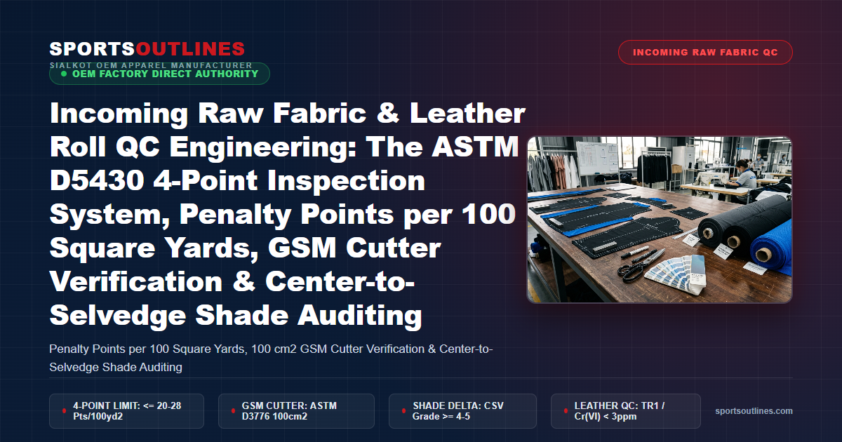 Incoming Raw Fabric & Leather Roll QC Engineering: The ASTM D5430 4-Point Inspection System, Penalty Points per 100 Square Yards, GSM Cutter Verification & Center-to-Selvedge Shade Auditing - Sports Outlines Sialkot Manufacturer