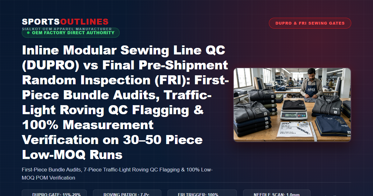 Inline Modular Sewing Line QC (DUPRO) vs Final Pre-Shipment Random Inspection (FRI): First-Piece Bundle Audits, Traffic-Light Roving QC Flagging & 100% Measurement Verification on 30–50 Piece Low-MOQ Runs - Sports Outlines Sialkot Manufacturer