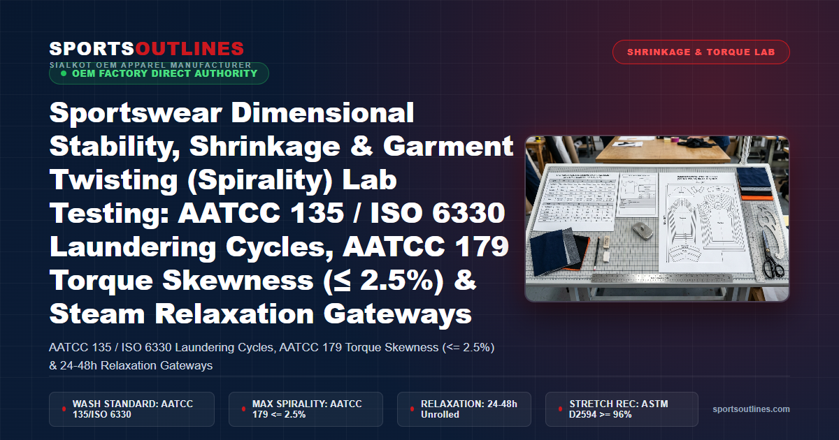 Sportswear Dimensional Stability, Shrinkage & Garment Twisting (Spirality) Lab Testing: AATCC 135 / ISO 6330 Laundering Cycles, AATCC 179 Torque Skewness (≤ 2.5%) & Steam Relaxation Gateways - Sports Outlines Sialkot Manufacturer