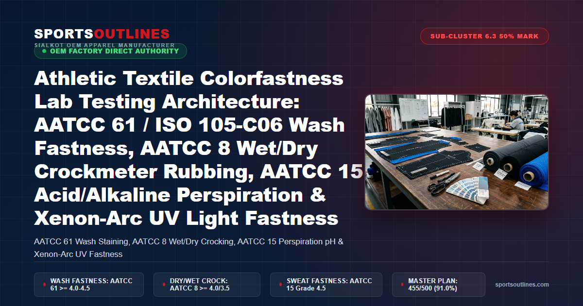 Athletic Textile Colorfastness Lab Testing Architecture: AATCC 61 / ISO 105-C06 Wash Fastness, AATCC 8 Wet/Dry Crockmeter Rubbing, AATCC 15 Acid/Alkaline Perspiration & Xenon-Arc UV Light Fastness - Sports Outlines Sialkot Manufacturer