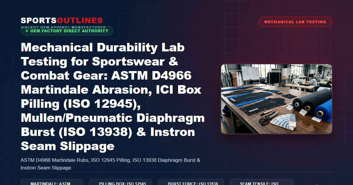 Mechanical Durability Lab Testing for Sportswear & Combat Gear: ASTM D4966 Martindale Abrasion, ICI Box Pilling (ISO 12945), Mullen/Pneumatic Diaphragm Burst (ISO 13938) & Instron Seam Slippage - Sports Outlines Sialkot Manufacturer