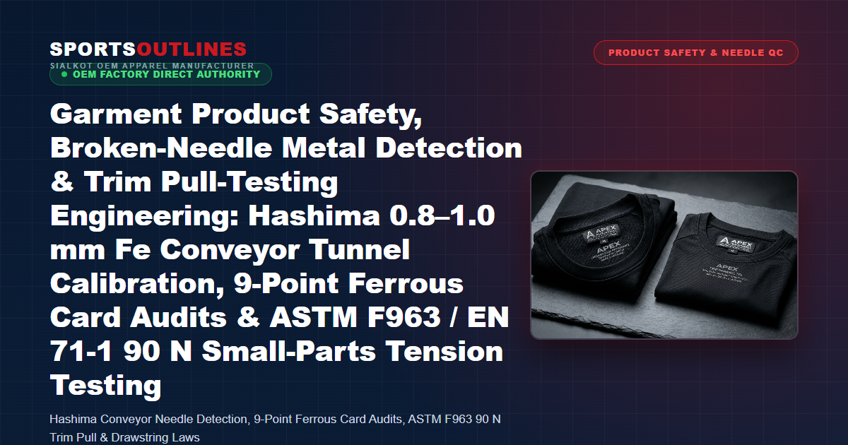 Garment Product Safety, Broken-Needle Metal Detection & Trim Pull-Testing Engineering: Hashima 0.8–1.0 mm Fe Conveyor Tunnel Calibration, 9-Point Ferrous Card Audits & ASTM F963 / EN 71-1 90 N Small-Parts Tension Testing - Sports Outlines Sialkot Manufacturer