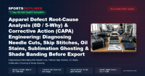 Apparel Defect Root-Cause Analysis (8D / 5-Why) & Corrective Action (CAPA) Engineering: Diagnosing Needle Cuts, Skip Stitches, Oil Stains, Sublimation Ghosting & Shade Banding Before Export - Sports Outlines Sialkot Manufacturer