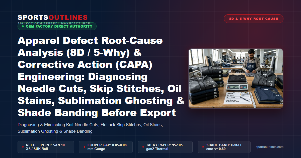 Apparel Defect Root-Cause Analysis (8D / 5-Why) & Corrective Action (CAPA) Engineering: Diagnosing Needle Cuts, Skip Stitches, Oil Stains, Sublimation Ghosting & Shade Banding Before Export - Sports Outlines Sialkot Manufacturer