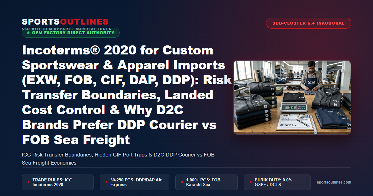 Incoterms® 2020 for Custom Sportswear & Apparel Imports (EXW, FOB, CIF, DAP, DDP): Risk Transfer Boundaries, Landed Cost Control & Why D2C Brands Prefer DDP Courier vs FOB Sea Freight - Sports Outlines Sialkot Manufacturer