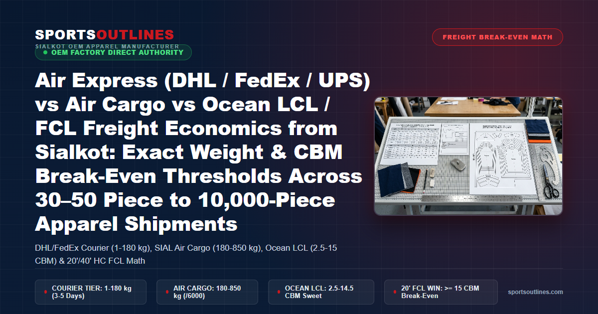 Air Express (DHL / FedEx / UPS) vs Air Cargo vs Ocean LCL / FCL Freight Economics from Sialkot: Exact Weight & CBM Break-Even Thresholds Across 30–50 Piece to 10,000-Piece Apparel Shipments - Sports Outlines Sialkot Manufacturer