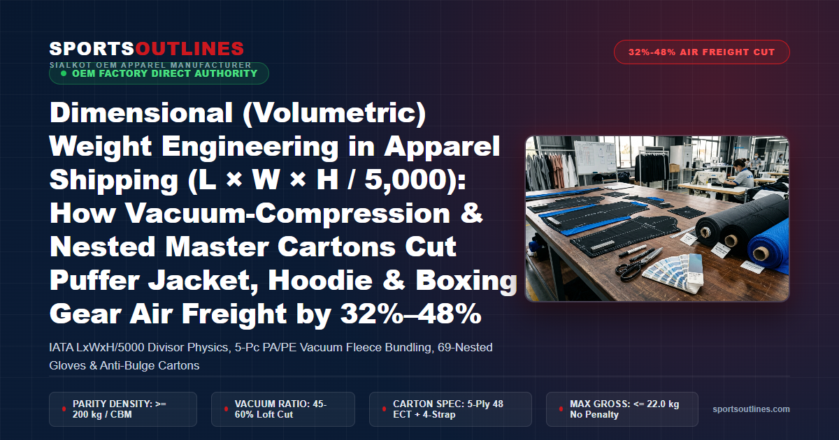 Dimensional (Volumetric) Weight Engineering in Apparel Shipping (L × W × H / 5,000): How Vacuum-Compression & Nested Master Cartons Cut Puffer Jacket, Hoodie & Boxing Gear Air Freight by 32%–48% - Sports Outlines Sialkot Manufacturer