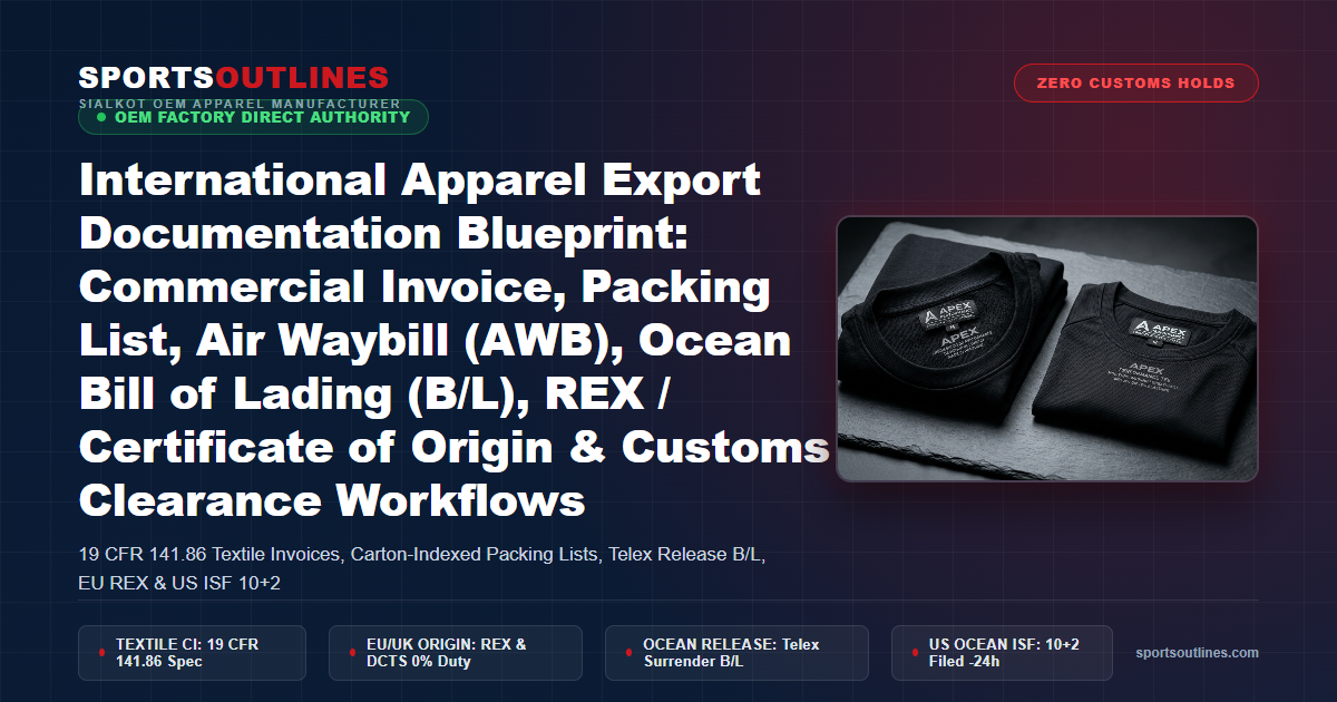 International Apparel Export Documentation Blueprint: Commercial Invoice, Packing List, Air Waybill (AWB), Ocean Bill of Lading (B/L), REX / Certificate of Origin & Customs Clearance Workflows - Sports Outlines Sialkot Manufacturer