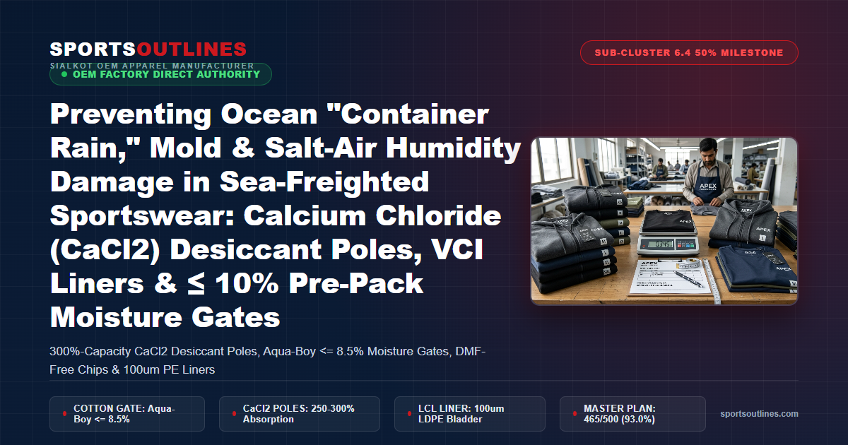 Preventing Ocean "Container Rain," Mold & Salt-Air Humidity Damage in Sea-Freighted Sportswear: Calcium Chloride (CaCl2) Desiccant Poles, VCI Liners & ≤ 10% Pre-Pack Moisture Gates - Sports Outlines Sialkot Manufacturer