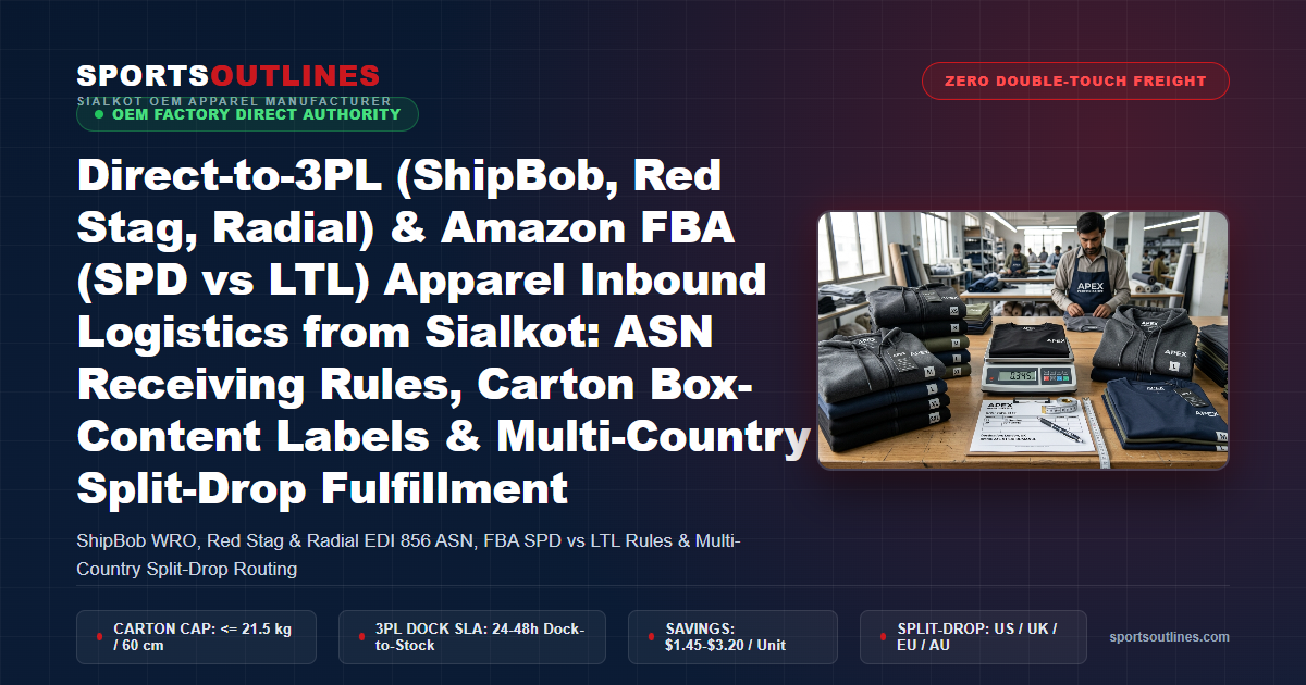 Direct-to-3PL (ShipBob, Red Stag, Radial) & Amazon FBA (SPD vs LTL) Apparel Inbound Logistics from Sialkot: ASN Receiving Rules, Carton Box-Content Labels & Multi-Country Split-Drop Fulfillment - Sports Outlines Sialkot Manufacturer