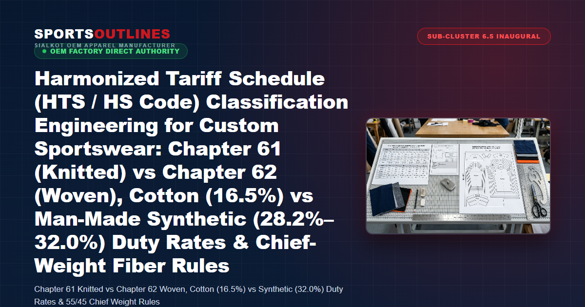 Harmonized Tariff Schedule (HTS / HS Code) Classification Engineering for Custom Sportswear: Chapter 61 (Knitted) vs Chapter 62 (Woven), Cotton (16.5%) vs Man-Made Synthetic (28.2%–32.0%) Duty Rates & Chief-Weight Fiber Rules - Sports Outlines Sialkot Manufacturer