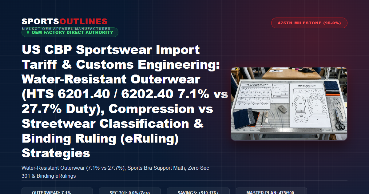 US CBP Sportswear Import Tariff & Customs Engineering: Water-Resistant Outerwear (HTS 6201.40 / 6202.40 7.1% vs 27.7% Duty), Compression vs Streetwear Classification & Binding Ruling (eRuling) Strategies - Sports Outlines Sialkot Manufacturer