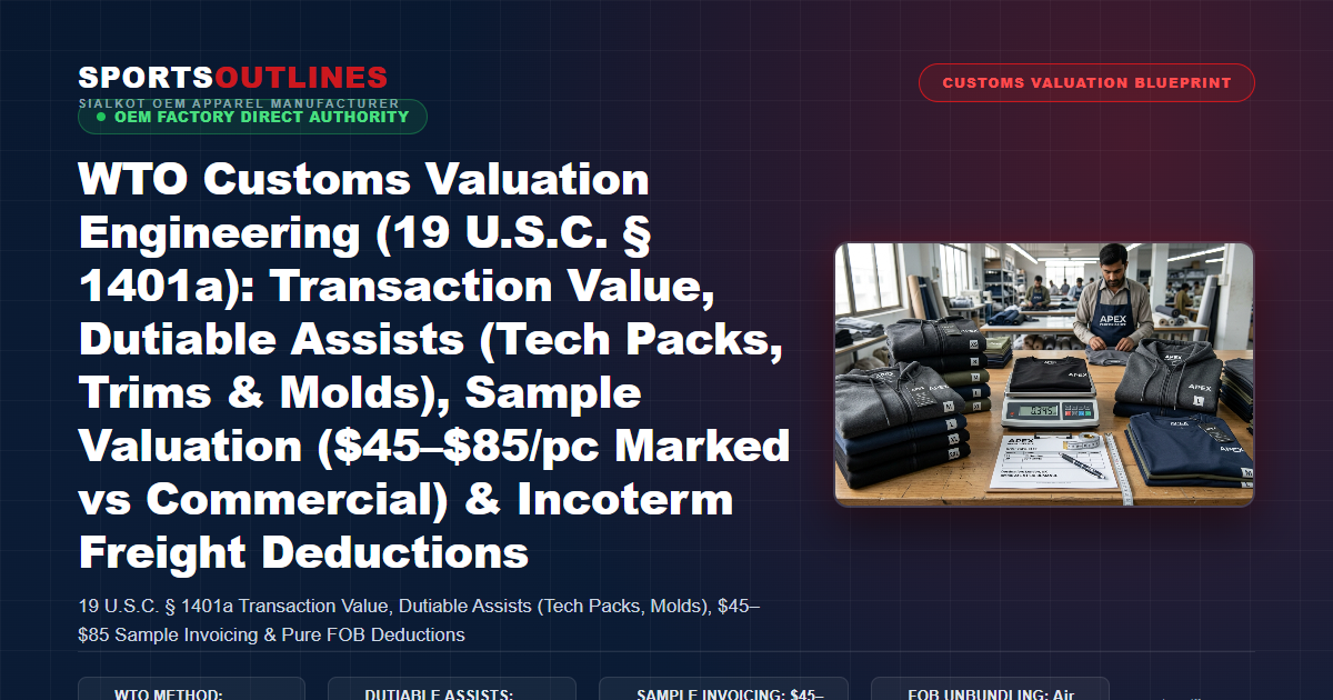 WTO Customs Valuation Engineering (19 U.S.C. § 1401a): Transaction Value, Dutiable Assists (Tech Packs, Trims & Molds), Sample Valuation ($45–$85/pc Marked vs Commercial) & Incoterm Freight Deductions - Sports Outlines Sialkot Manufacturer