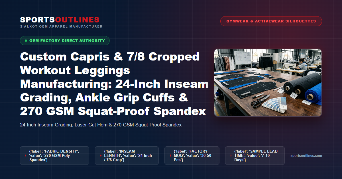 Custom Capris & 7/8 Cropped Workout Leggings Manufacturing: 24-Inch Inseam Grading, Ankle Grip Cuffs & 270 GSM Squat-Proof Spandex - Sports Outlines Sialkot Manufacturer