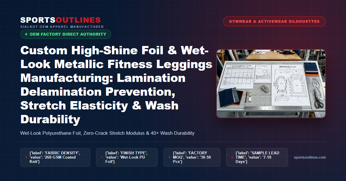 Read more about the article Custom High-Shine Foil & Wet-Look Metallic Fitness Leggings Manufacturing: Lamination Delamination Prevention, Stretch Elasticity & Wash Durability