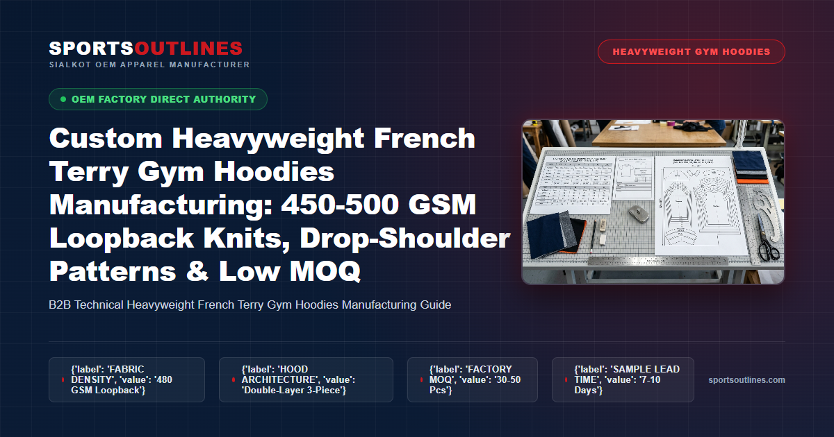 Read more about the article Custom Heavyweight French Terry Gym Hoodies Manufacturing: 450-500 GSM Loopback Knits, Drop-Shoulder Patterns & Low MOQ