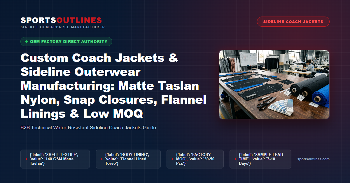 Custom Coach Jackets & Sideline Outerwear Manufacturing: Matte Taslan Nylon, Snap Closures, Flannel Linings & Low MOQ - Sports Outlines Sialkot Manufacturer
