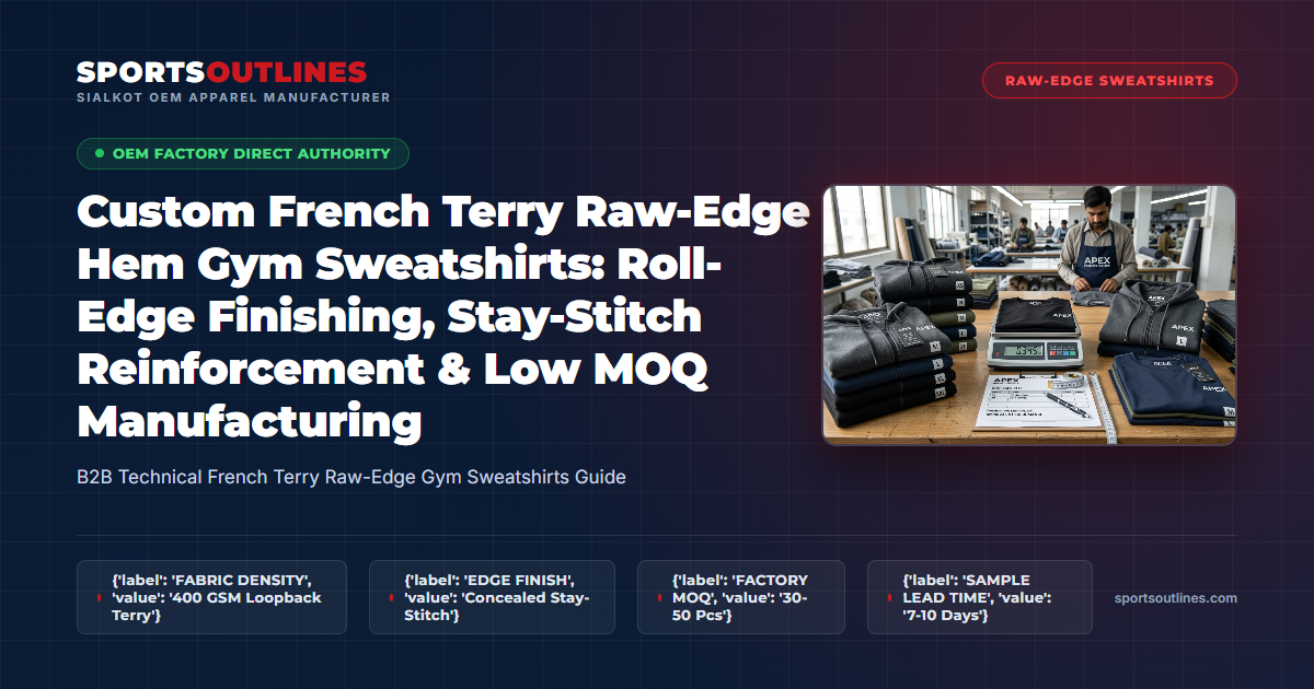 Custom French Terry Raw-Edge Hem Gym Sweatshirts: Roll-Edge Finishing, Stay-Stitch Reinforcement & Low MOQ Manufacturing - Sports Outlines Sialkot Manufacturer
