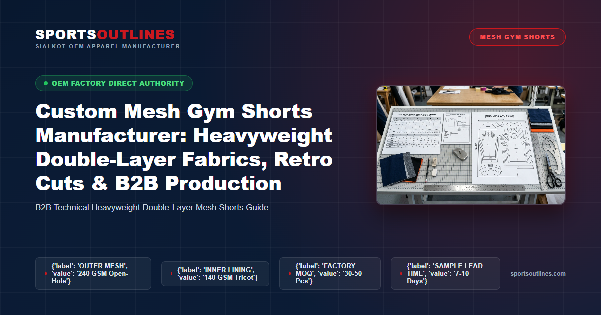 Custom Mesh Gym Shorts Manufacturer: Heavyweight Double-Layer Fabrics, Retro Cuts & B2B Production - Sports Outlines Sialkot Manufacturer