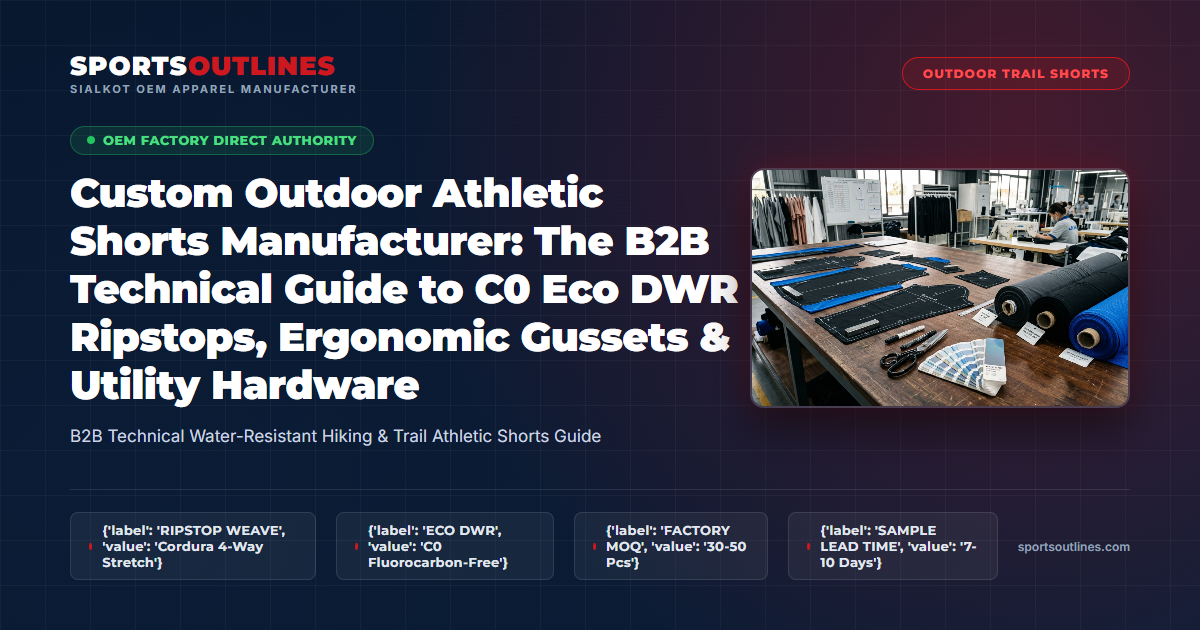 Read more about the article Custom Outdoor Athletic Shorts Manufacturer: The B2B Technical Guide to C0 Eco DWR Ripstops, Ergonomic Gussets & Utility Hardware