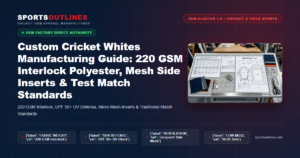 Custom Cricket Whites Manufacturing Guide: 220 GSM Interlock Polyester, Mesh Side Inserts & Test Match Standards - Sports Outlines Sialkot Manufacturer